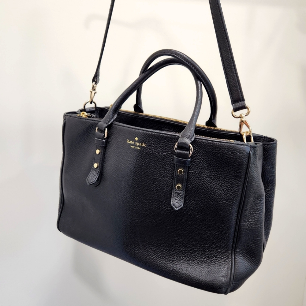 Kate Spade Soft Pebble Leather Tote Handbag, Black with Gold Details.